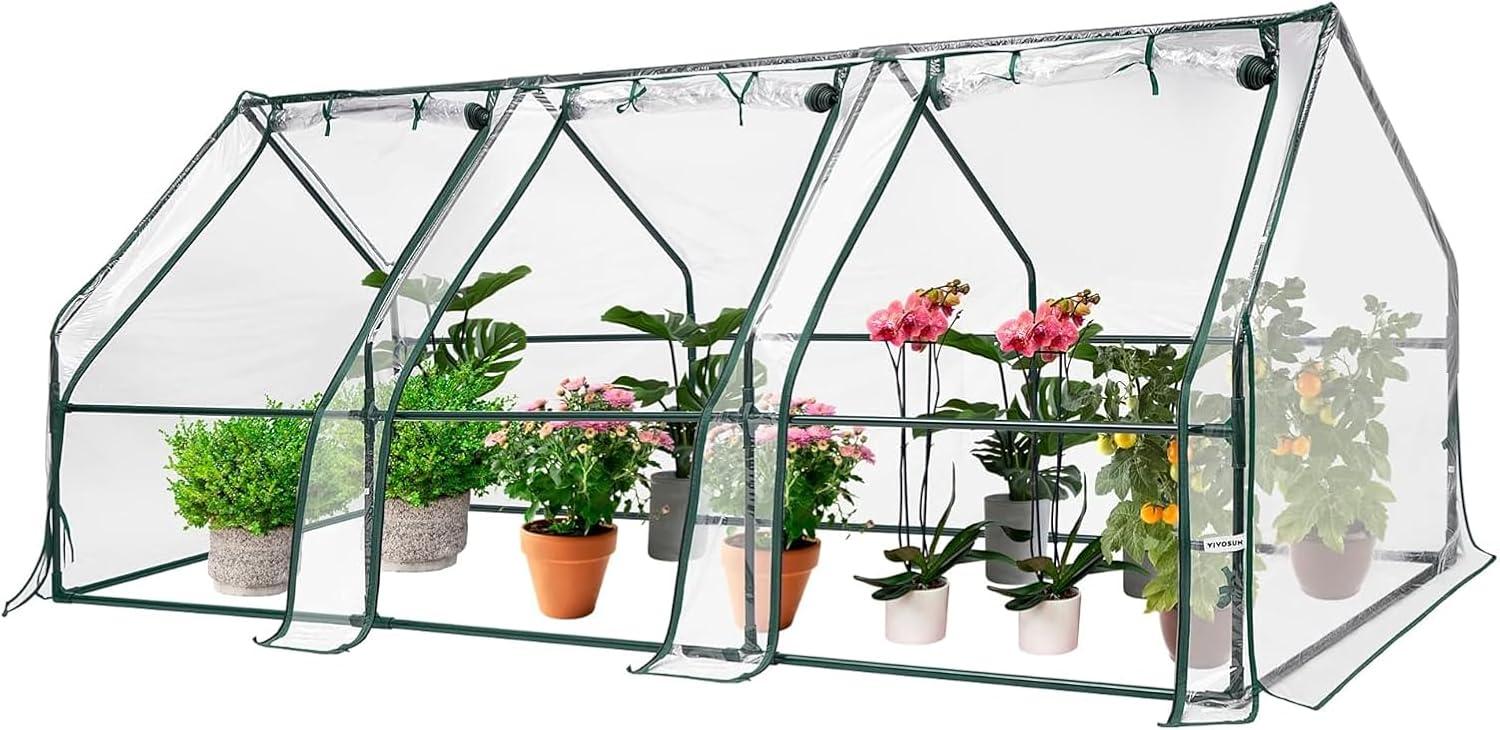 imageVIVOSUN 10x7x7 Ft Large Walk in Greenhouse Greenhouse Tunnel Garden Plant Hot House with Green PE Cover Rollup Zipper Door and Window for OutdoorClear PVC