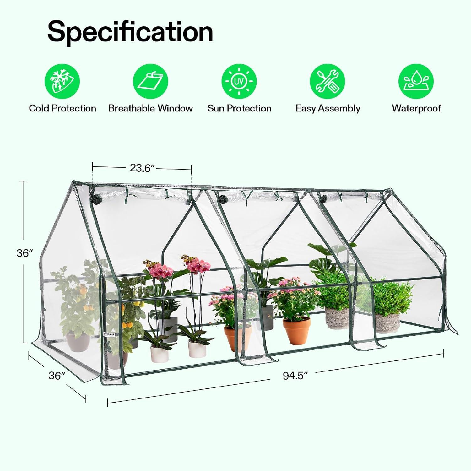 imageVIVOSUN 10x7x7 Ft Large Walk in Greenhouse Greenhouse Tunnel Garden Plant Hot House with Green PE Cover Rollup Zipper Door and Window for OutdoorClear PVC