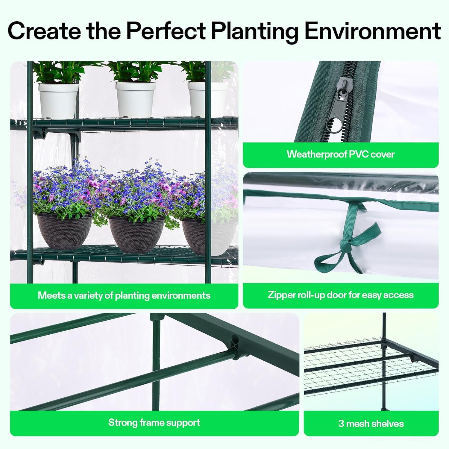 imageVIVOSUN 10x7x7 Ft Large Walk in Greenhouse Greenhouse Tunnel Garden Plant Hot House with Green PE Cover Rollup Zipper Door and Window for OutdoorClear PVC