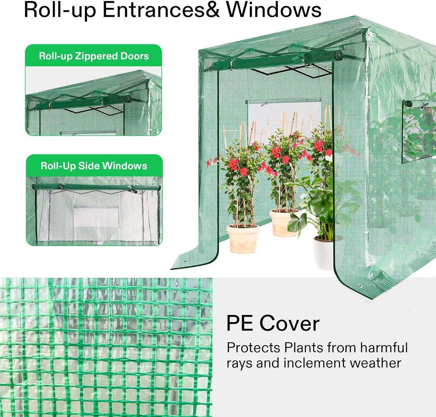 imageVIVOSUN 10x7x7 Ft Large Walk in Greenhouse Greenhouse Tunnel Garden Plant Hot House with Green PE Cover Rollup Zipper Door and Window for OutdoorGreen PE