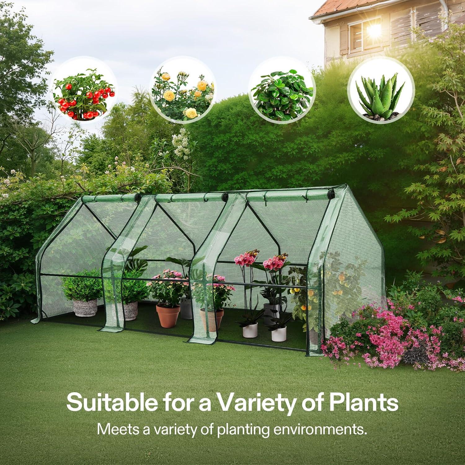 imageVIVOSUN 10x7x7 Ft Large Walk in Greenhouse Greenhouse Tunnel Garden Plant Hot House with Green PE Cover Rollup Zipper Door and Window for OutdoorGreen PE