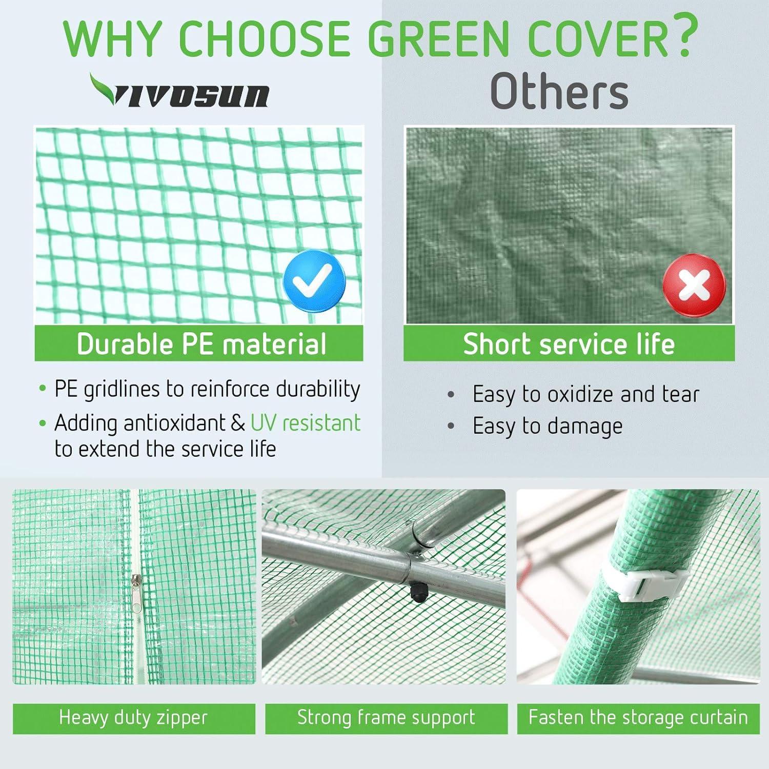 imageVIVOSUN 10x7x7 Ft Large Walk in Greenhouse Greenhouse Tunnel Garden Plant Hot House with Green PE Cover Rollup Zipper Door and Window for OutdoorGreen PE