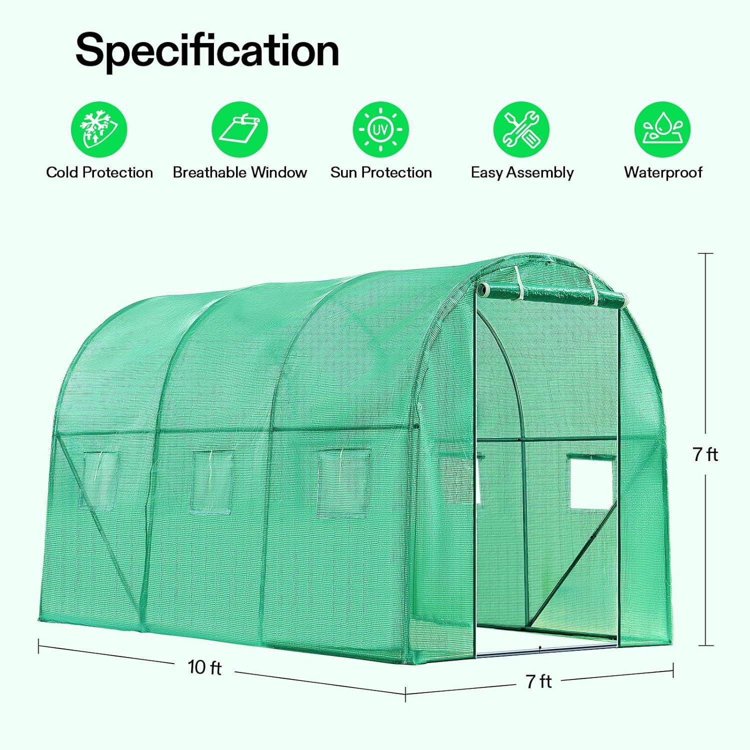 imageVIVOSUN 10x7x7 Ft Large Walk in Greenhouse Greenhouse Tunnel Garden Plant Hot House with Green PE Cover Rollup Zipper Door and Window for OutdoorGreen PE
