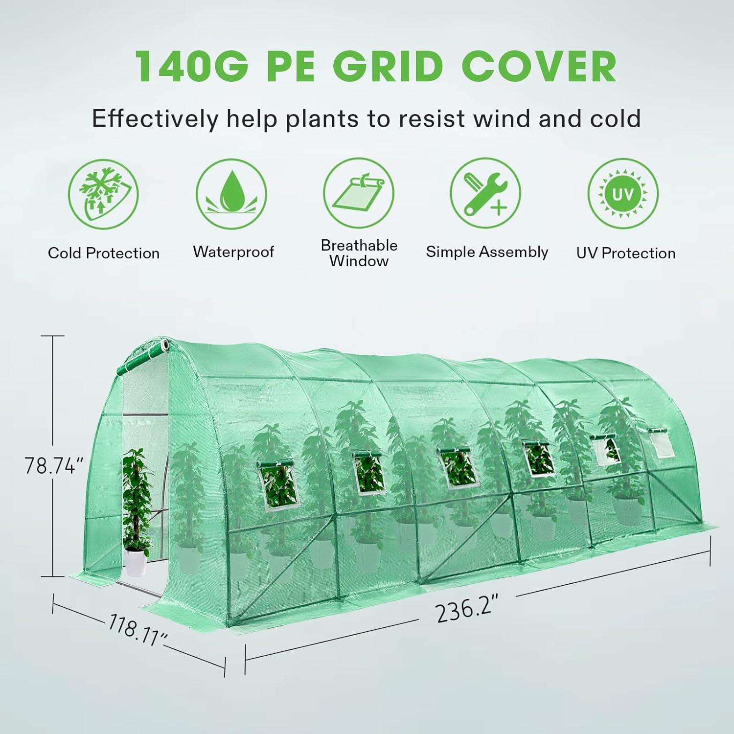 imageVIVOSUN 10x7x7 Ft Large Walk in Greenhouse Greenhouse Tunnel Garden Plant Hot House with Green PE Cover Rollup Zipper Door and Window for OutdoorGreen PE