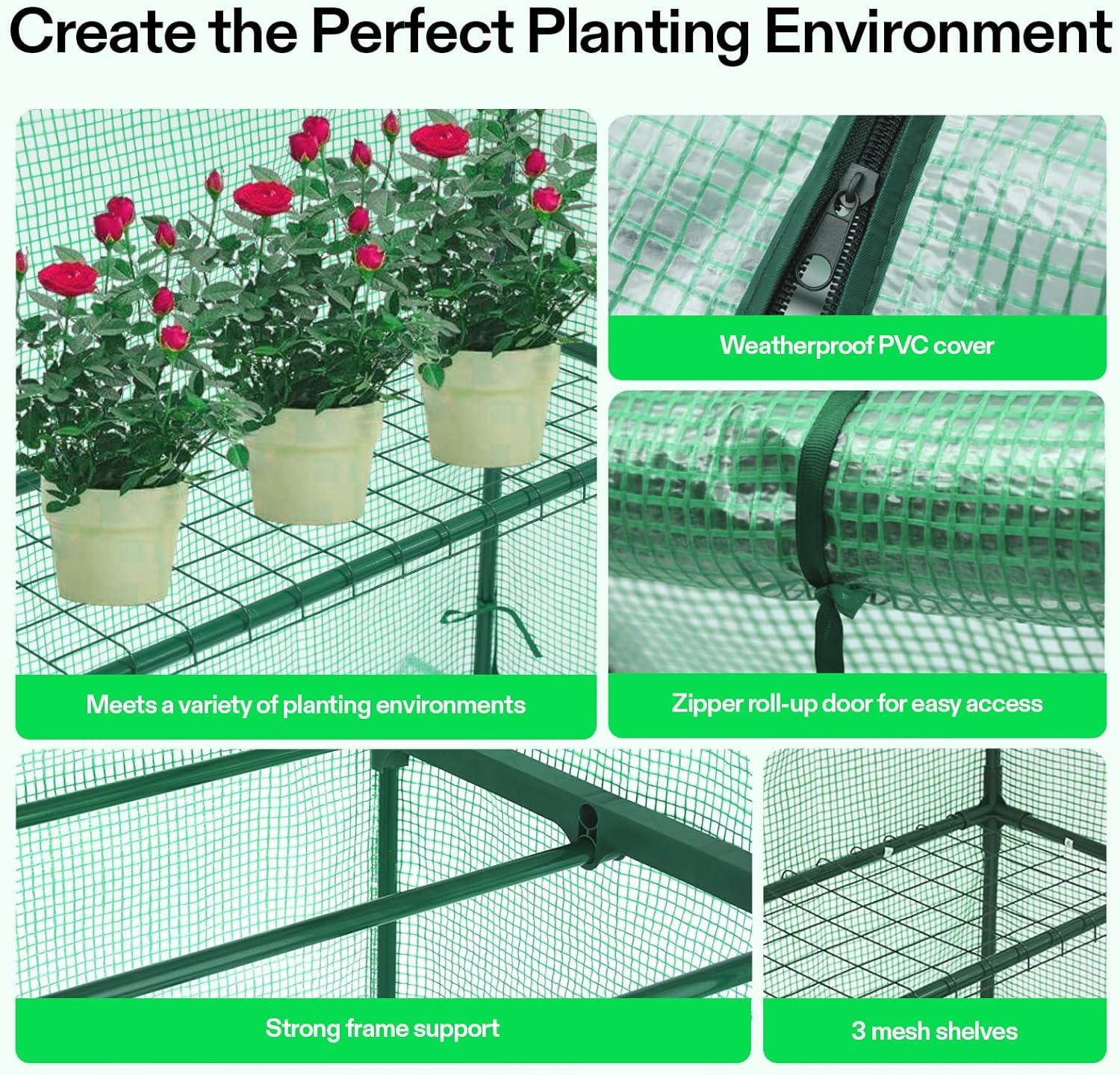 imageVIVOSUN 10x7x7 Ft Large Walk in Greenhouse Greenhouse Tunnel Garden Plant Hot House with Green PE Cover Rollup Zipper Door and Window for OutdoorGreen PE