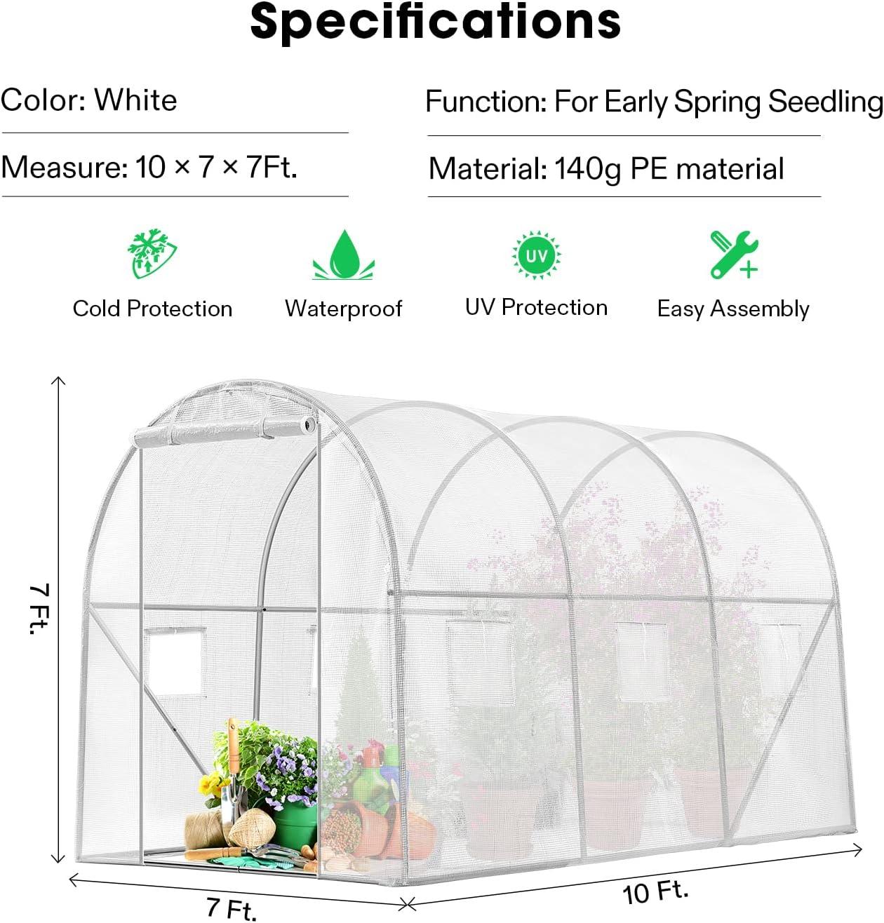 imageVIVOSUN 10x7x7 Ft Large Walk in Greenhouse Greenhouse Tunnel Garden Plant Hot House with Green PE Cover Rollup Zipper Door and Window for OutdoorWhite PE