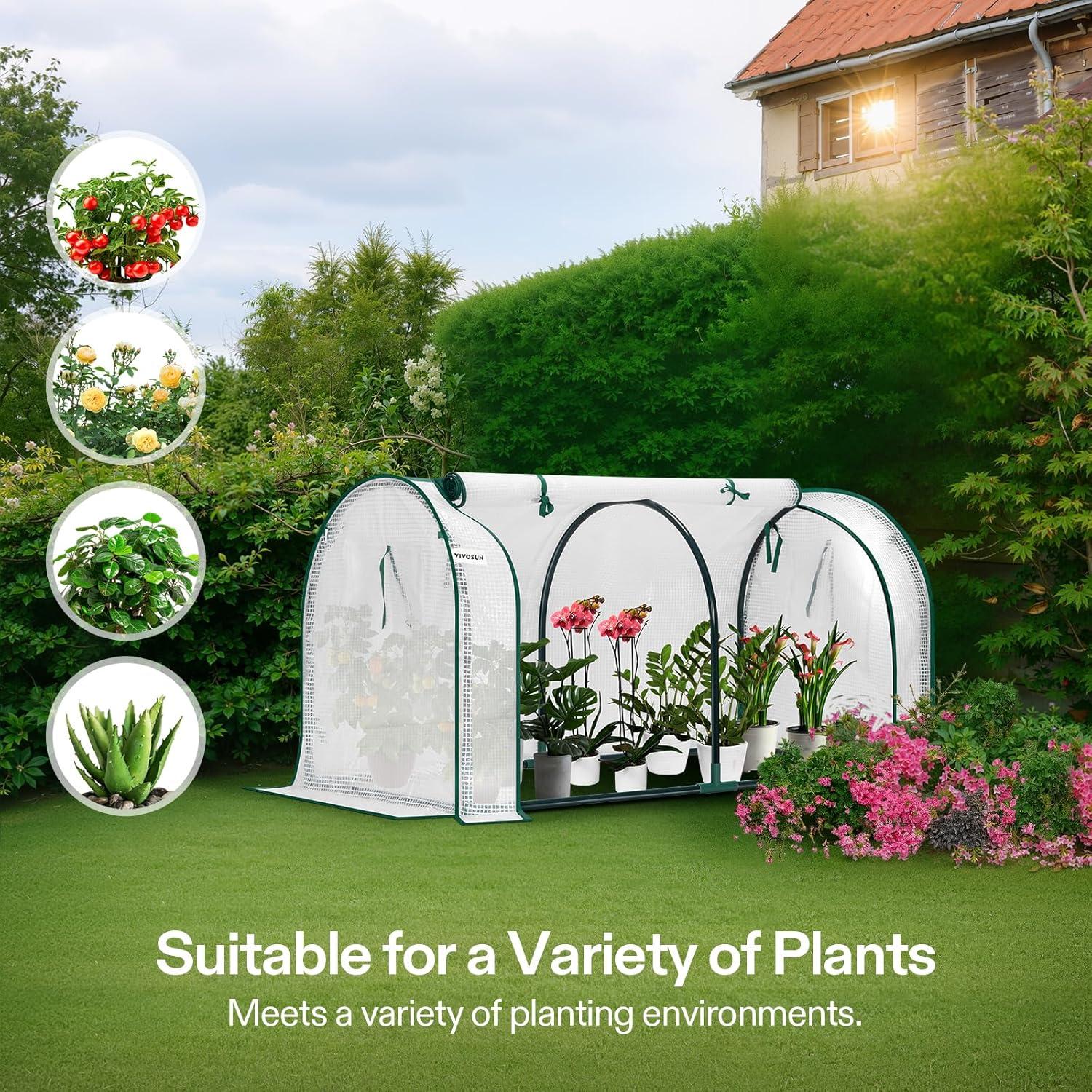 imageVIVOSUN 10x7x7 Ft Large Walk in Greenhouse Greenhouse Tunnel Garden Plant Hot House with Green PE Cover Rollup Zipper Door and Window for OutdoorWhite PE