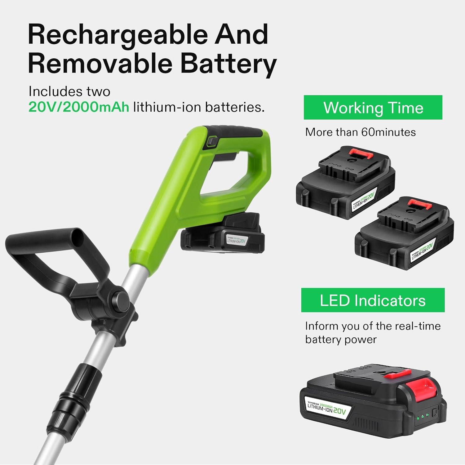 imageVIVOSUN 12 Cordless String Trimmer and Edger 20V 20Ah Weed Eater 2Speed Control with Adjustable Head Pole ampamp Handle Spool Lightweight ampamp Compact Trimmer 2Pcs Batteries and Fast Charger IncludedString Trimmer with 20V Battery x2 Pack