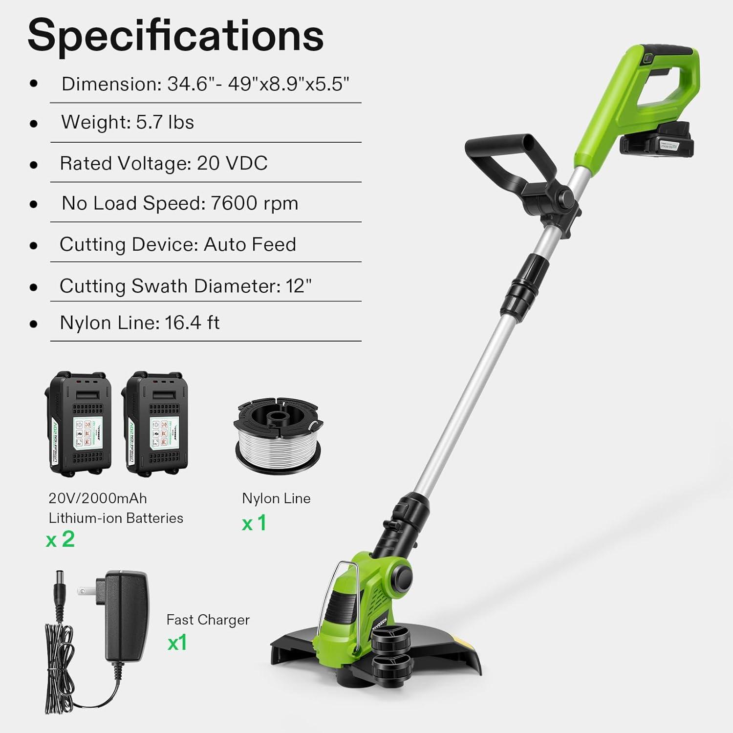 imageVIVOSUN 12 Cordless String Trimmer and Edger 20V 20Ah Weed Eater 2Speed Control with Adjustable Head Pole ampamp Handle Spool Lightweight ampamp Compact Trimmer 2Pcs Batteries and Fast Charger IncludedString Trimmer with 20V Battery x2 Pack