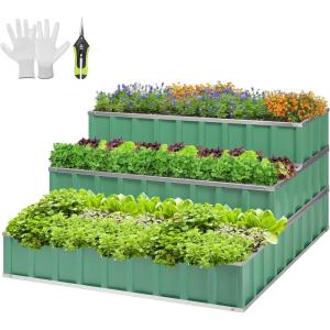 imageVIVOSUN 3Tier Metal Raised Garden Bed 46quot x 46quot x 24quot Galvanized Steel Metal Outdoor Planter Box with Gloves and Scissors to Grow Flowers Vegetables and Herbs for Outdoor Gardening GreenGreen