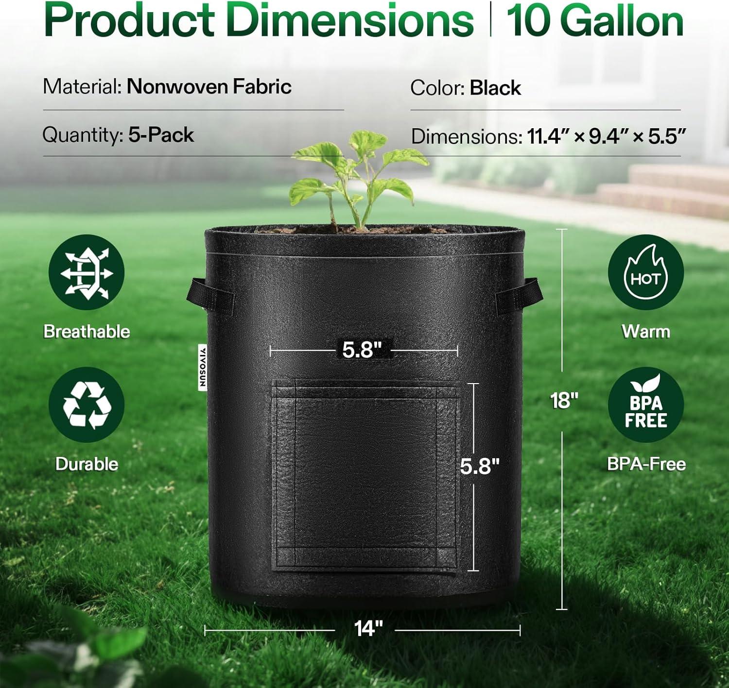 imageVIVOSUN 5Pack 10 Gallon Potato Grow Bags for Growing Potatoes Fabric Potato Pots with Handle and Rollup Window Potato Growing Containers Potato Planter Potato Planter for Growing Potatoes BlackBlack