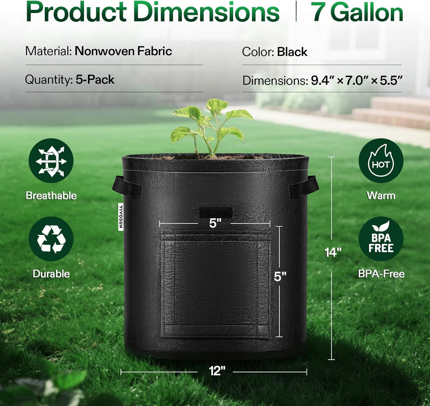 imageVIVOSUN 5Pack 10 Gallon Potato Grow Bags for Growing Potatoes Fabric Potato Pots with Handle and Rollup Window Potato Growing Containers Potato Planter Potato Planter for Growing Potatoes BlackBlack