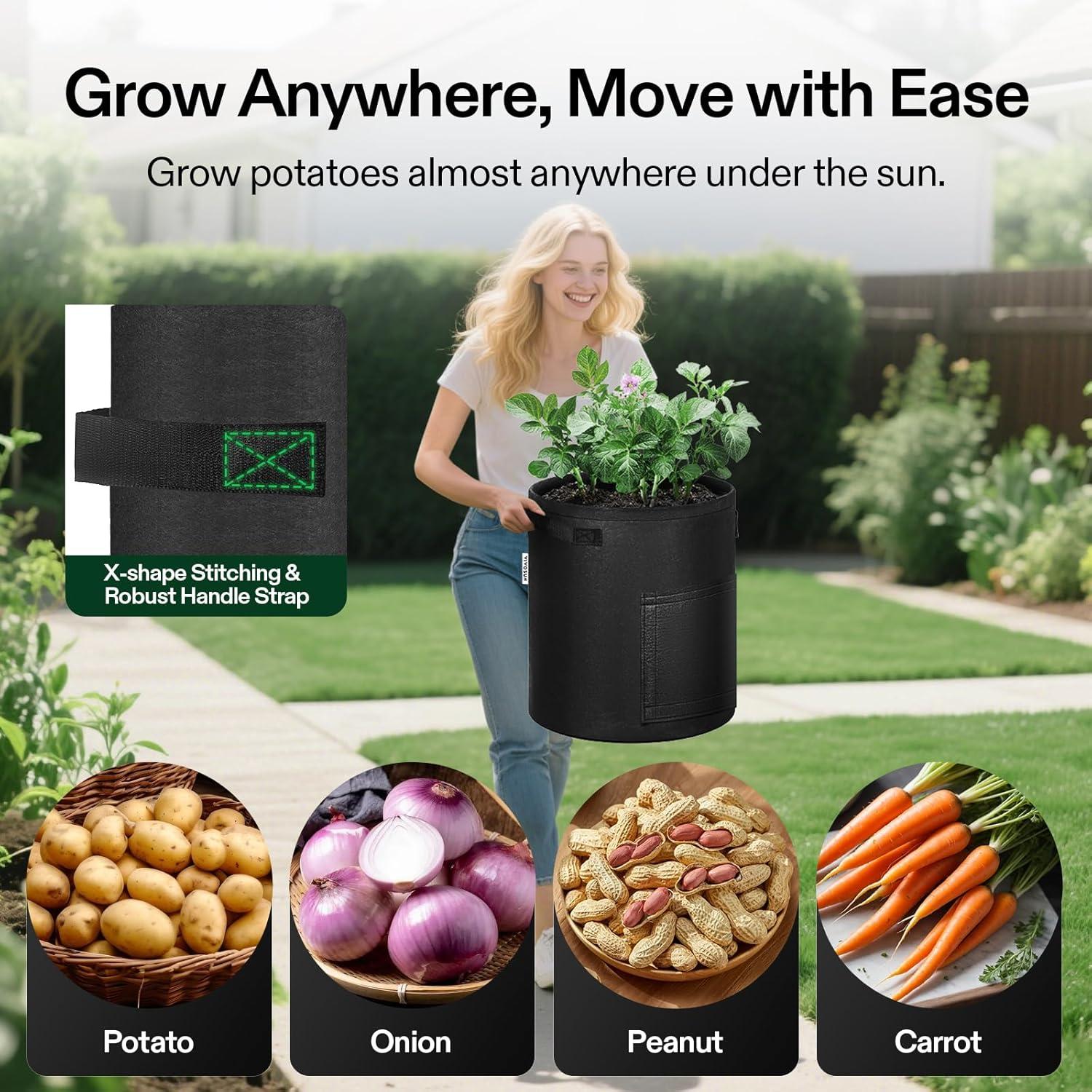imageVIVOSUN 5Pack 10 Gallon Potato Grow Bags for Growing Potatoes Fabric Potato Pots with Handle and Rollup Window Potato Growing Containers Potato Planter Potato Planter for Growing Potatoes BlackBlack