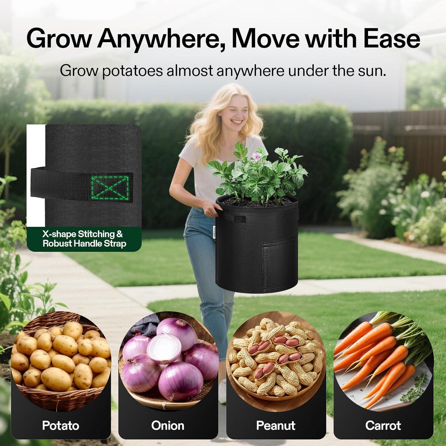 imageVIVOSUN 5Pack 10 Gallon Potato Grow Bags for Growing Potatoes Fabric Potato Pots with Handle and Rollup Window Potato Growing Containers Potato Planter Potato Planter for Growing Potatoes BlackBlack