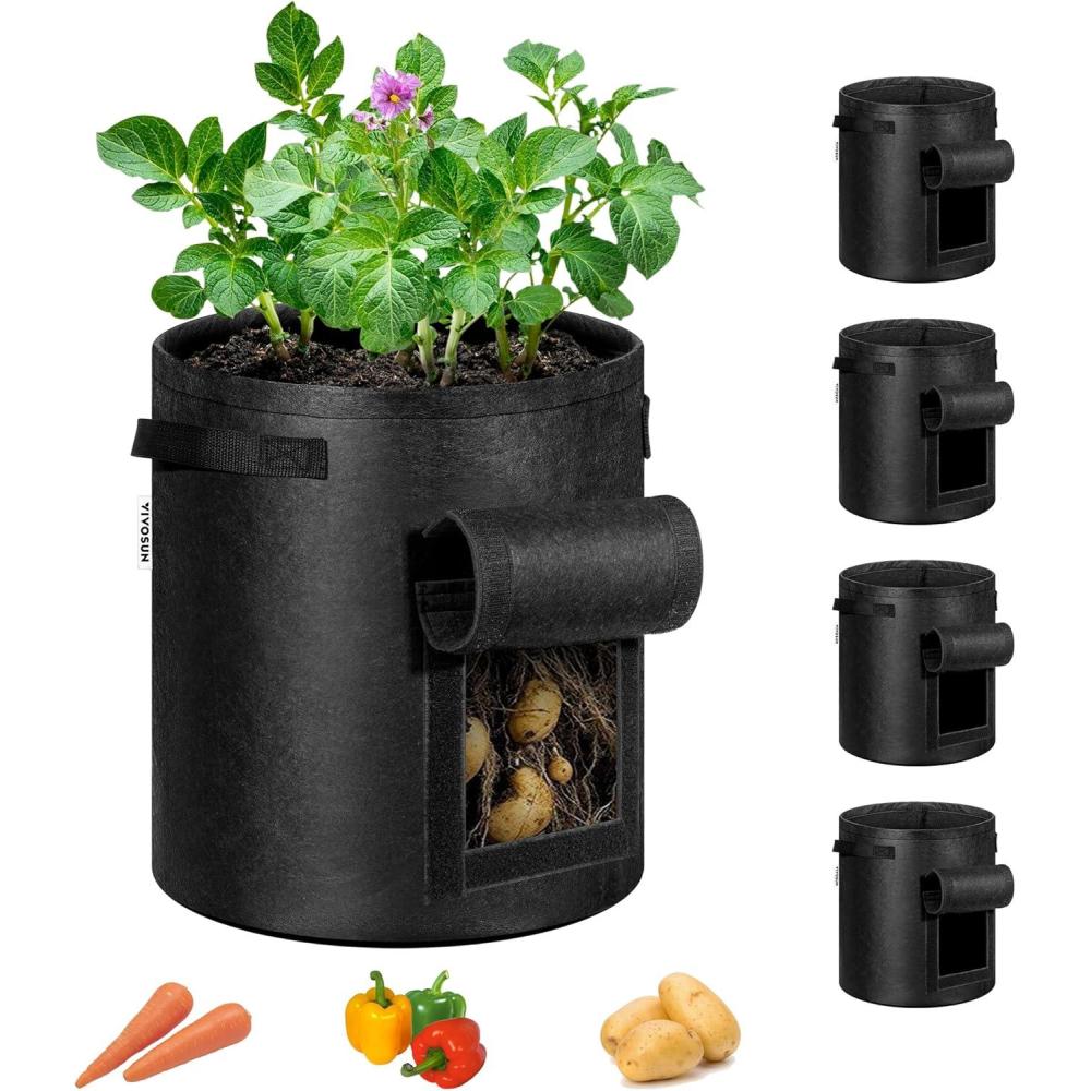 imageVIVOSUN 5Pack 10 Gallon Potato Grow Bags for Growing Potatoes Fabric Potato Pots with Handle and Rollup Window Potato Growing Containers Potato Planter Potato Planter for Growing Potatoes BlackBlack
