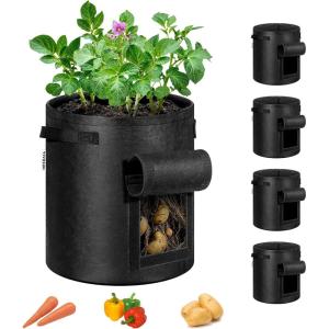 imageVIVOSUN 5Pack 10 Gallon Potato Grow Bags for Growing Potatoes Fabric Potato Pots with Handle and Rollup Window Potato Growing Containers Potato Planter Potato Planter for Growing Potatoes BlackBlack