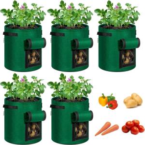 imageVIVOSUN 5Pack 10 Gallon Potato Grow Bags for Growing Potatoes Fabric Potato Pots with Handle and Rollup Window Potato Growing Containers Potato Planter Potato Planter for Growing Potatoes BlackGreen