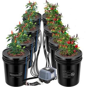 imageVIVOSUN DWC Hydroponics Grow System with Top Drip Kit 5Gallon Deep Water Culture Recirculating Drip Garden System with MultiPurpose Air Hose Air Pump and Air Stone 2 Buckets  Top Drip Kit8 Buckets  Top Drip Kit