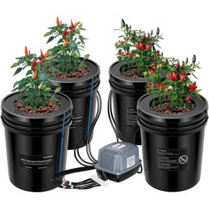 imageVIVOSUN DWC Hydroponics Grow System with Top Drip Kit 5Gallon Deep Water Culture Recirculating Drip Garden System with MultiPurpose Air Hose Air Pump and Air Stone 2 Buckets  Top Drip Kit4 Buckets  Top Drip Kit