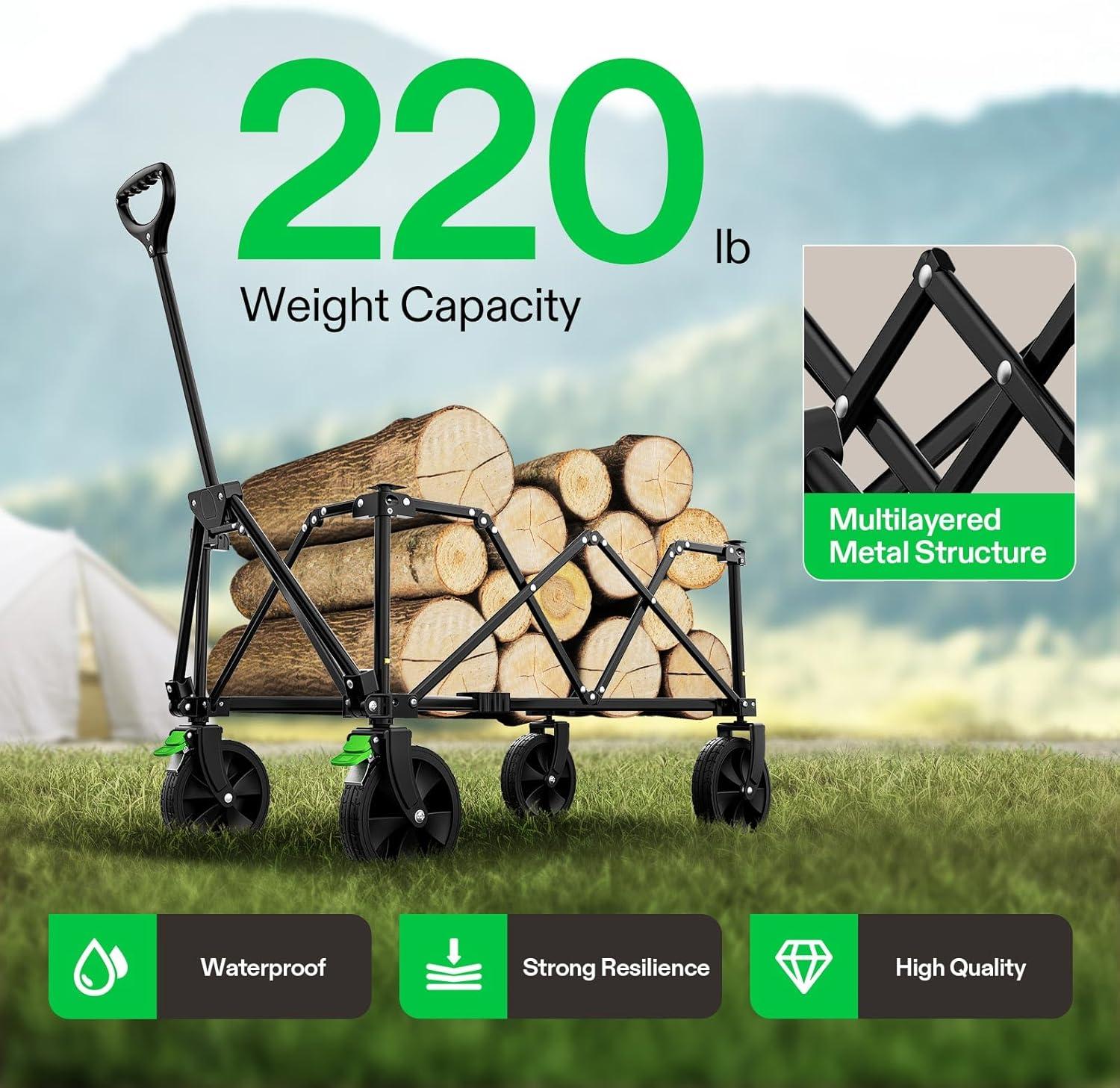 imageVIVOSUN Collapsible Folding Wagon Outdoor Utility with Silent Universal Wheels Cup Holders ampamp Side Pockets Adjustable Handle for Camping Garden Sports Picnic Shopping 220LBS Grey ampamp Green