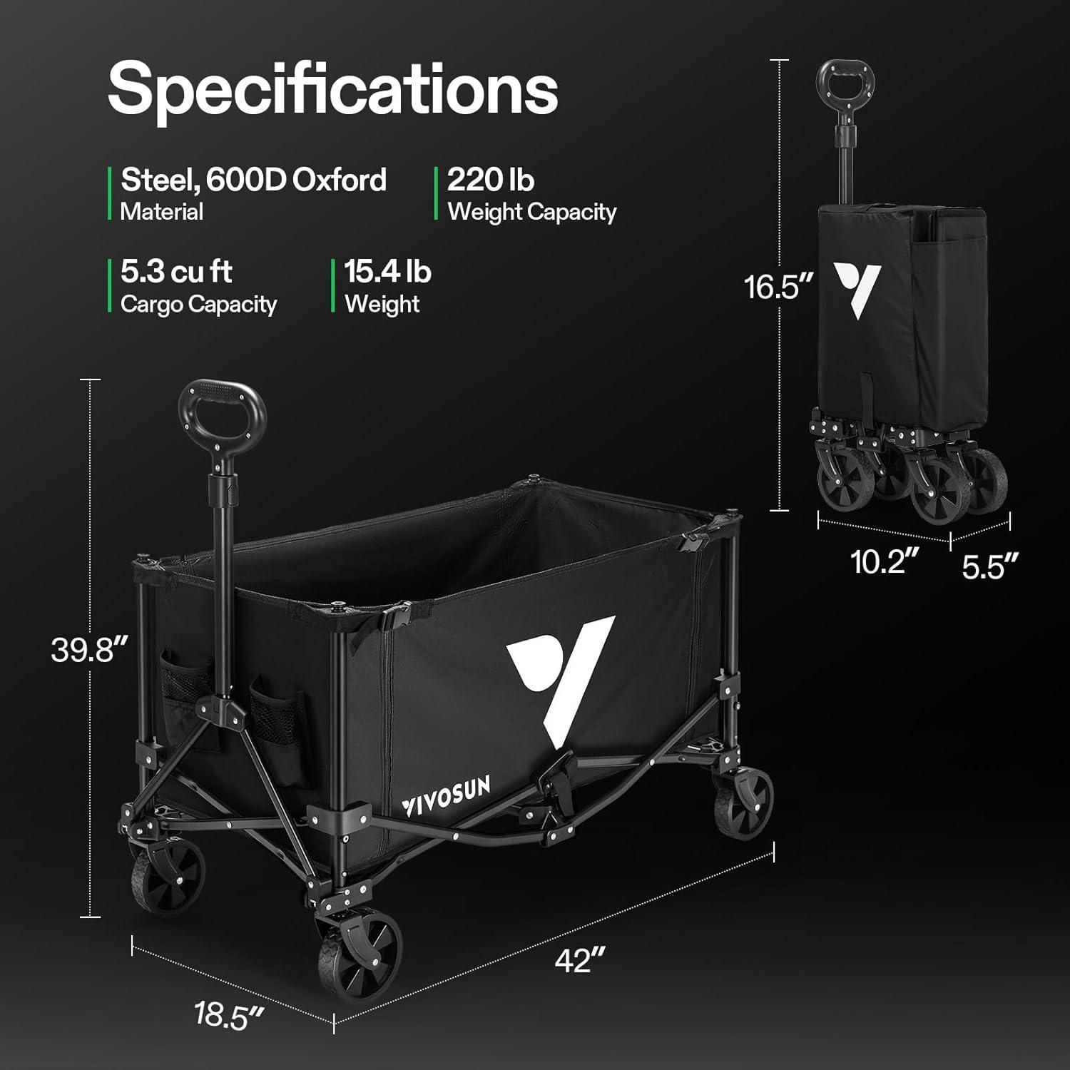 imageVIVOSUN Collapsible Wagon with Side Gates 220lb LoadBearing Outdoor Utility with AllTerrain Wheels Adjustable Handle Cup Holders for Camping Shopping Garden Sports Picnic Black