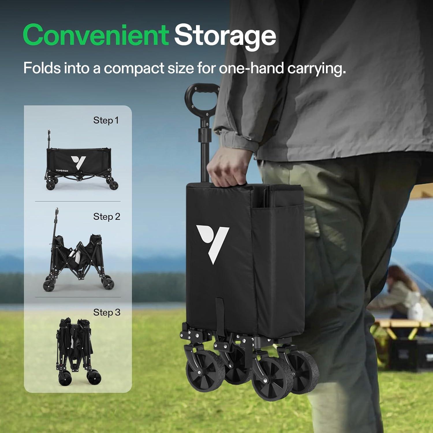 imageVIVOSUN Collapsible Wagon with Side Gates 220lb LoadBearing Outdoor Utility with AllTerrain Wheels Adjustable Handle Cup Holders for Camping Shopping Garden Sports Picnic Black