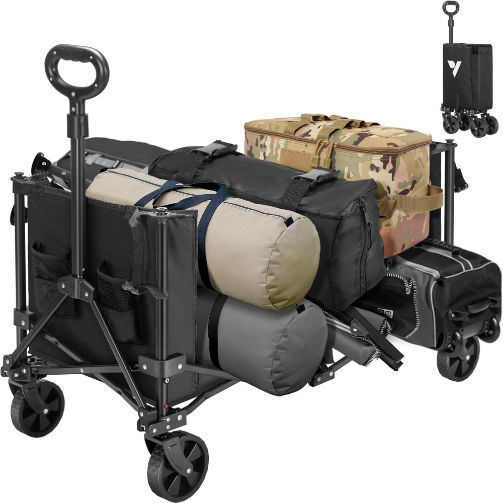 imageVIVOSUN Collapsible Wagon with Side Gates 220lb LoadBearing Outdoor Utility with AllTerrain Wheels Adjustable Handle Cup Holders for Camping Shopping Garden Sports Picnic Black