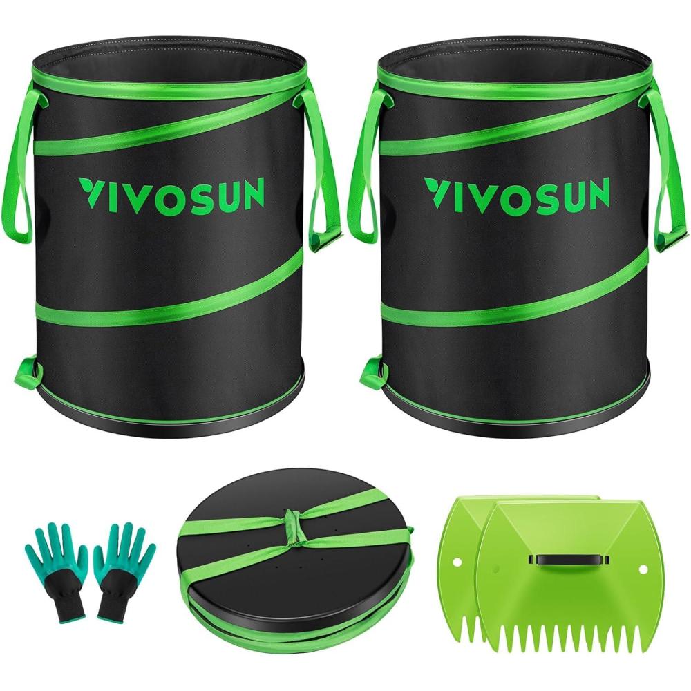 imageVIVOSUN 30Gallon Collapsible Trash Can Reusable PopUp Garden Bag with HardShell Bottom Leaf Scoops and Gloves Yard Waste Container for Lawn Care and Camping 2Pack30 Gallon 2Pack