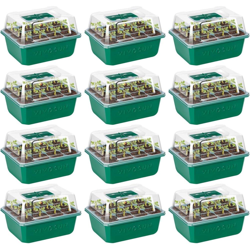 imageVIVOSUN 12Pack Seed Starter Trays 144Cell Seed Starter Kit with Humidity Dome Flat Reusable Plant Germination Trays with Drain Hole Green Propagation Tray for Planting Seeds12Pack 144Cell