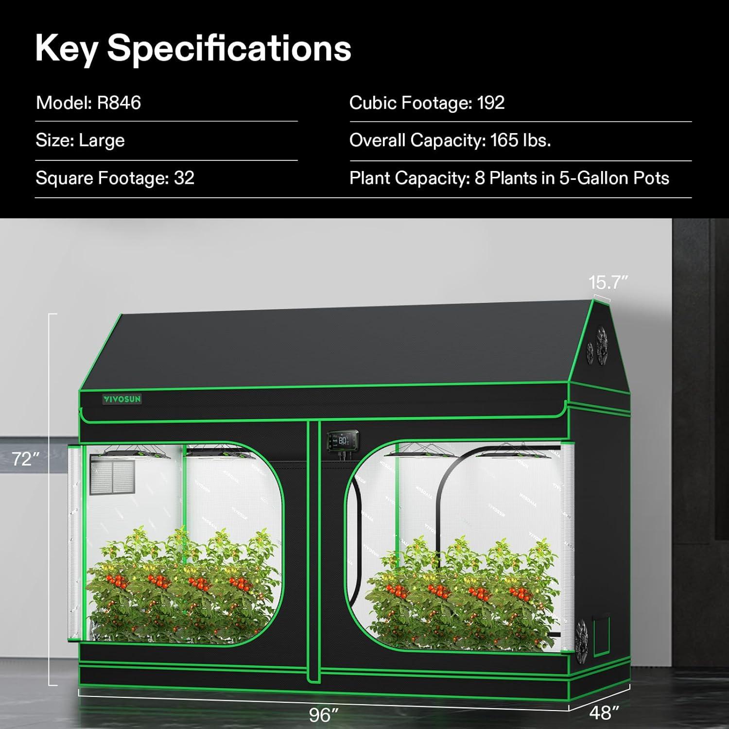 imageVIVOSUN R846 4x8 Grow Tent 96quotx48quotx72quot Roof Cube Tent with Observation Window and Floor Tray for Hydroponics Indoor Plant for VS4000VSF430096x48x72