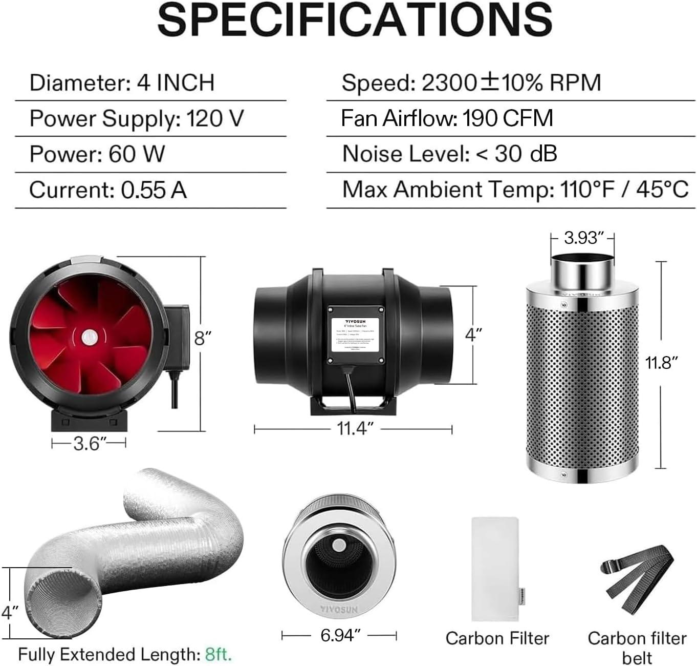 imageVIVOSUN 6 Inch 390 CFM Inline Fan with Speed Controller 6 Inch Carbon Filter and 8 Feet of Ducting Temperature Humidity Monitor for Grow Tent Ventilation4 Filter  Air Duct