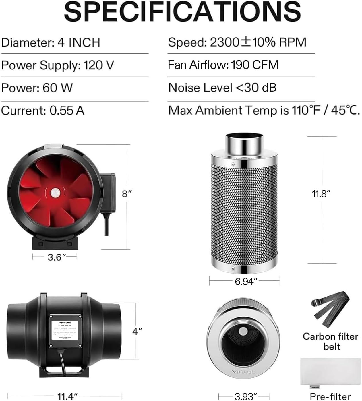 imageVIVOSUN 6 Inch 390 CFM Inline Fan with Speed Controller 6 Inch Carbon Filter and 8 Feet of Ducting Temperature Humidity Monitor for Grow Tent Ventilation4 Carbon Filter