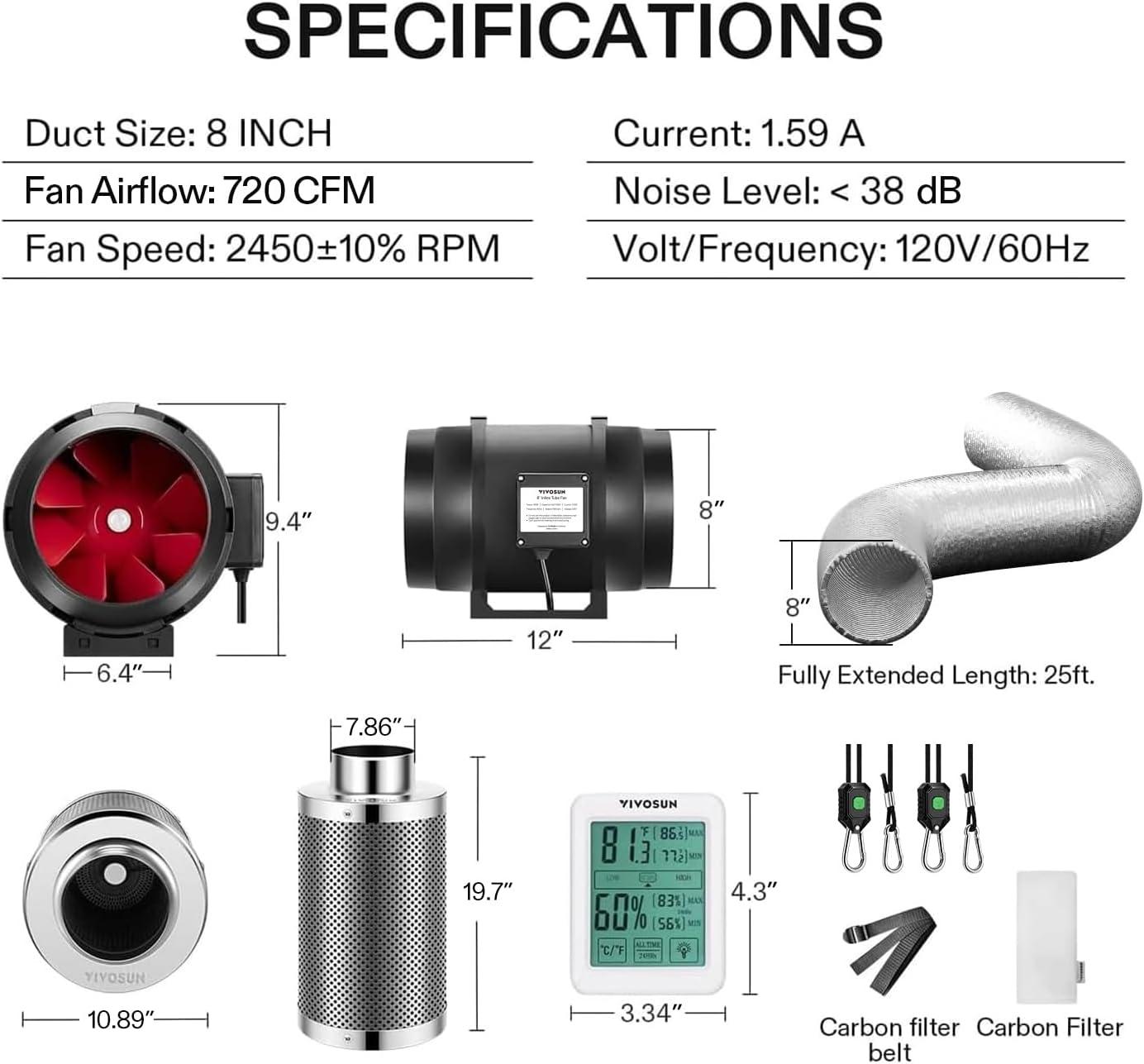 imageVIVOSUN 8 Inch 720 CFM Inline Fan with Speed Controller 8 Inch Carbon Filter and 25 Feet of Ducting Temperature Humidity Monitor for Grow Tent Ventilation8 Inch w Thermometer