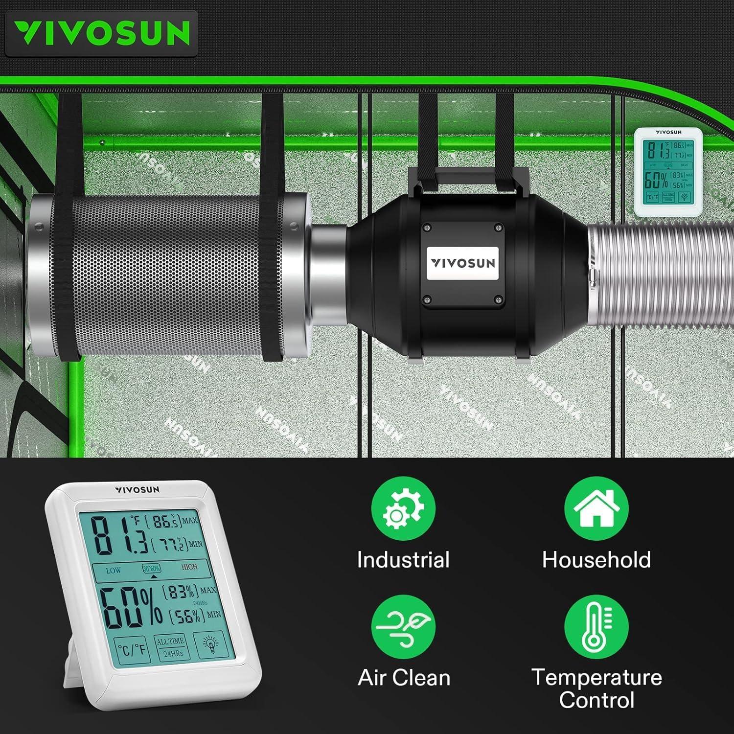 imageVIVOSUN 8 Inch 720 CFM Inline Fan with Speed Controller 8 Inch Carbon Filter and 25 Feet of Ducting Temperature Humidity Monitor for Grow Tent Ventilation8 Inch w Thermometer