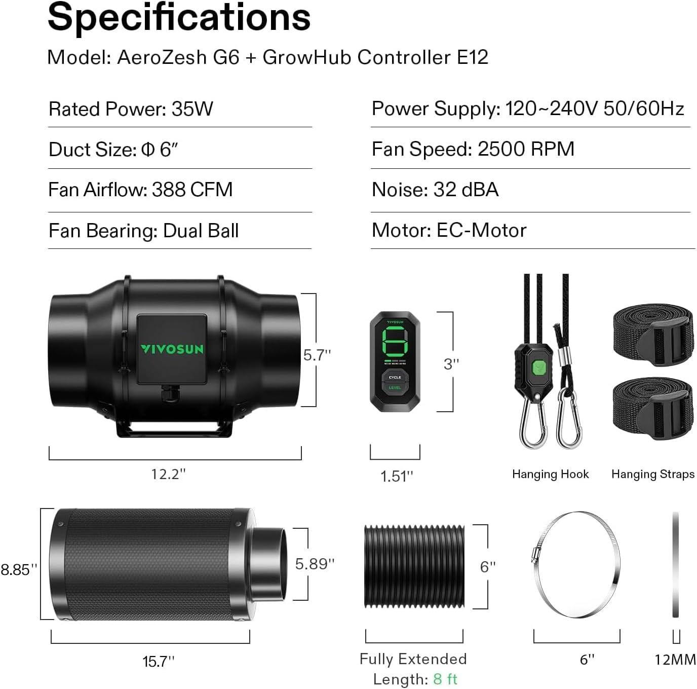 imageVIVOSUN Smart Air Filtration G6 Kit 6quot AeroZesh G6 Inline Duct Fan with E12 Speed Controller Carbon Filter ampamp 8 Ducting Cooling ampamp Ventilation System for Grow Tents Indoor Gardening HydroponicsBlackgreen Blades