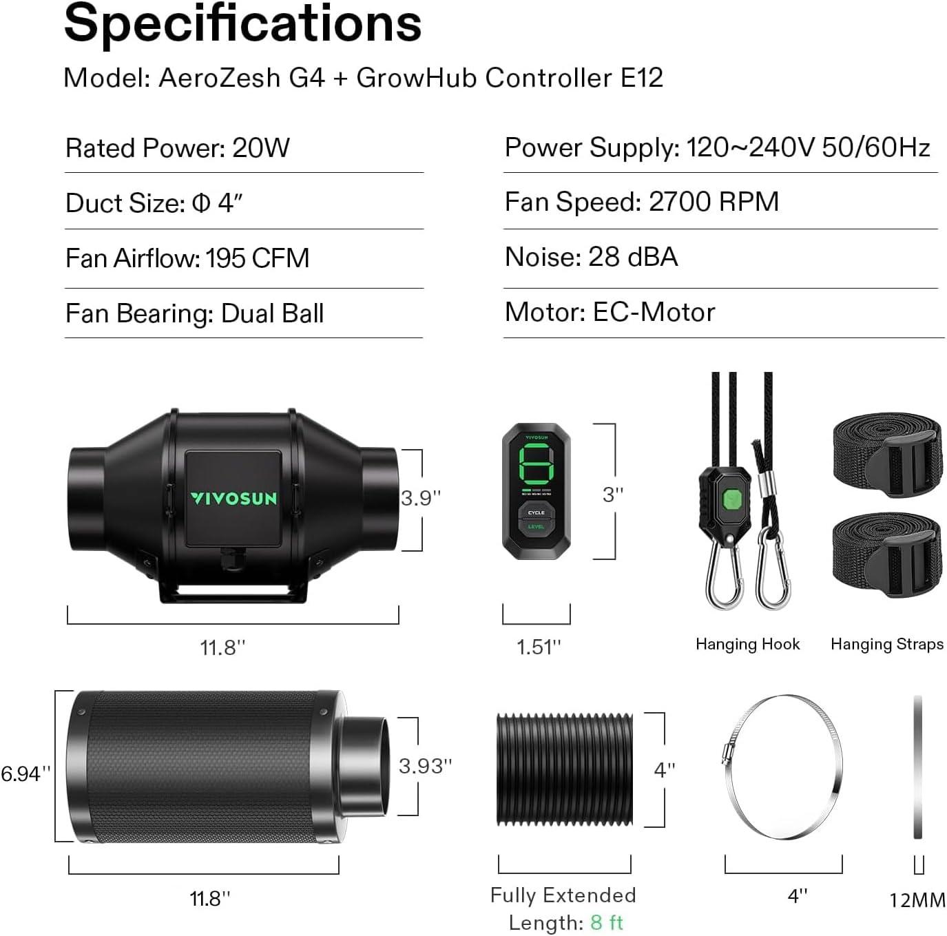 imageVIVOSUN Smart Air Filtration G6 Kit 6quot AeroZesh G6 Inline Duct Fan with E12 Speed Controller Carbon Filter ampamp 8 Ducting Cooling ampamp Ventilation System for Grow Tents Indoor Gardening HydroponicsBlackgreen Blades