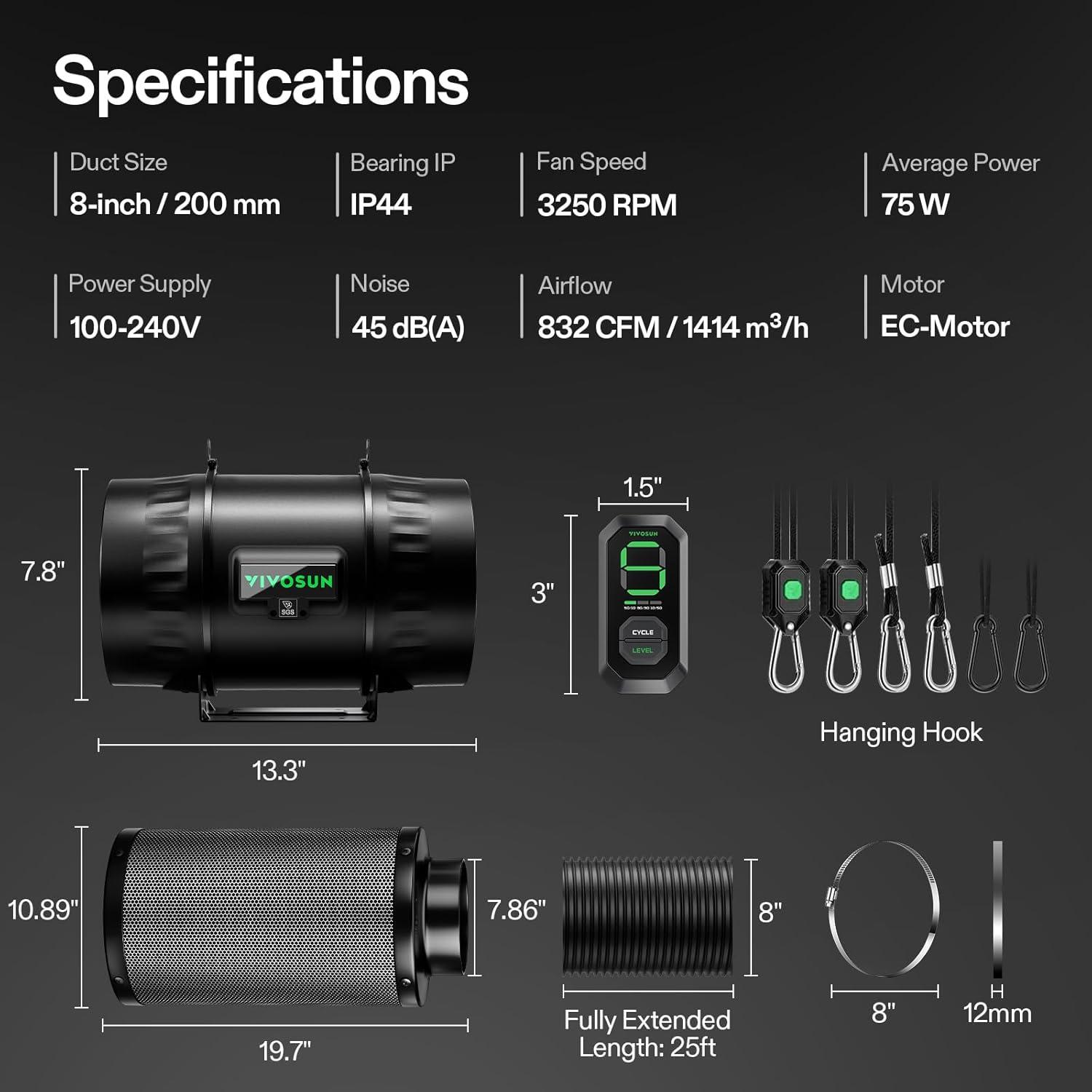 imageVIVOSUN Smart Air Filtration G6 Kit 6quot AeroZesh G6 Inline Duct Fan with E12 Speed Controller Carbon Filter ampamp 8 Ducting Cooling ampamp Ventilation System for Grow Tents Indoor Gardening HydroponicsBlack