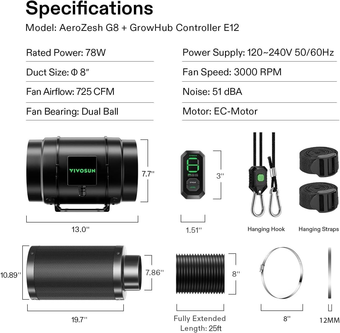imageVIVOSUN Smart Air Filtration G6 Kit 6quot AeroZesh G6 Inline Duct Fan with E12 Speed Controller Carbon Filter ampamp 8 Ducting Cooling ampamp Ventilation System for Grow Tents Indoor Gardening HydroponicsBlackgreen Blades