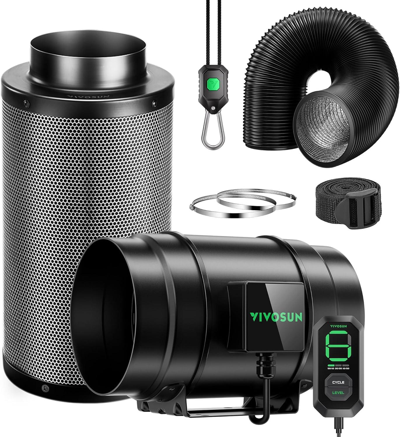 imageVIVOSUN Smart Air Filtration G6 Kit 6quot AeroZesh G6 Inline Duct Fan with E12 Speed Controller Carbon Filter ampamp 8 Ducting Cooling ampamp Ventilation System for Grow Tents Indoor Gardening HydroponicsBlackgreen Blades