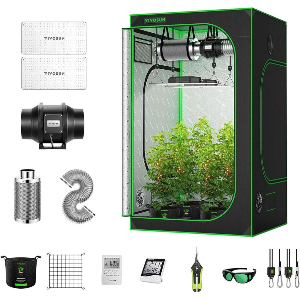 imageVIVOSUN GIY 4x3 Grow Tent Complete System 2in1 4x3 ft Grow Tent Kit Complete with VS1000 Led Grow Light 4 Inch 203 CFM Inline Fan Carbon Filter 8 ft Ducting Combo48x48x80400W