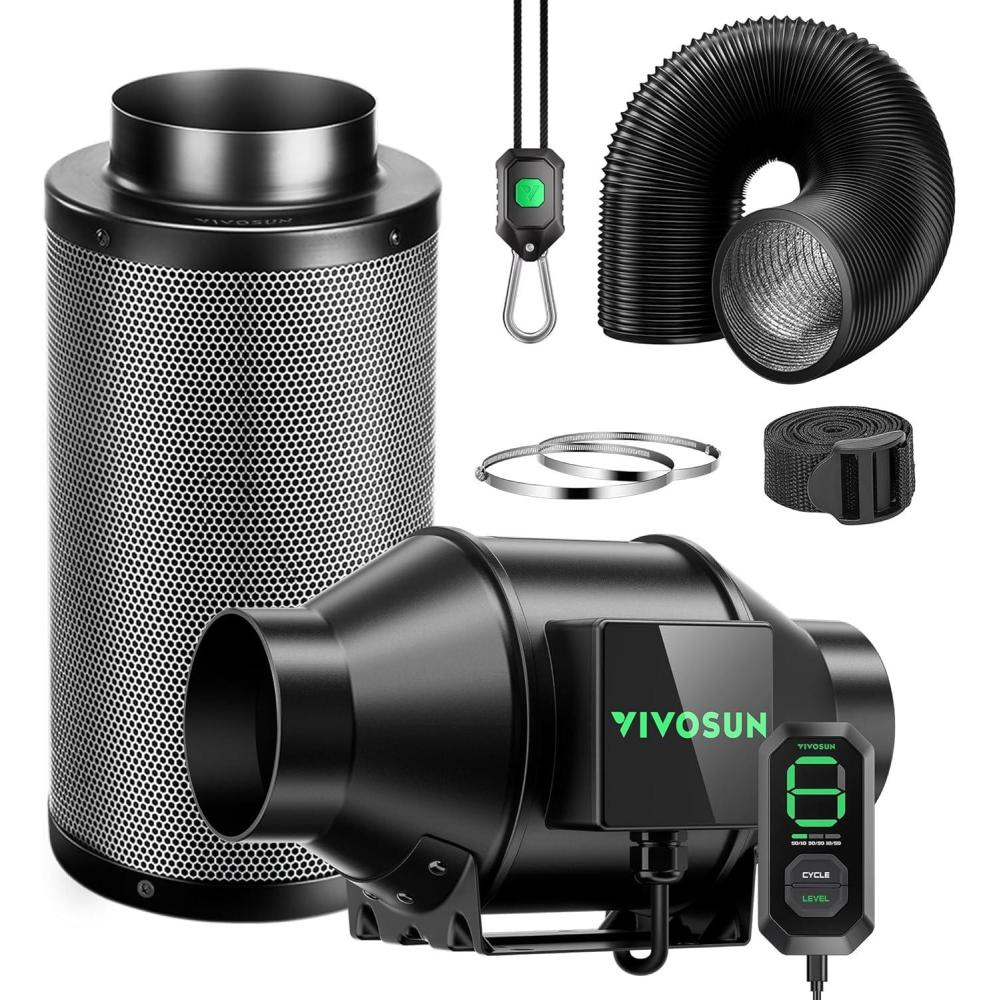 imageVIVOSUN Smart Air Filtration G6 Kit 6quot AeroZesh G6 Inline Duct Fan with E12 Speed Controller Carbon Filter ampamp 8 Ducting Cooling ampamp Ventilation System for Grow Tents Indoor Gardening HydroponicsBlackgreen Blades