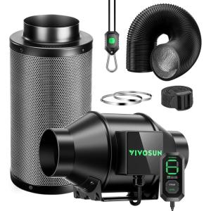 imageVIVOSUN Smart Air Filtration G6 Kit 6quot AeroZesh G6 Inline Duct Fan with E12 Speed Controller Carbon Filter ampamp 8 Ducting Cooling ampamp Ventilation System for Grow Tents Indoor Gardening HydroponicsBlackgreen Blades
