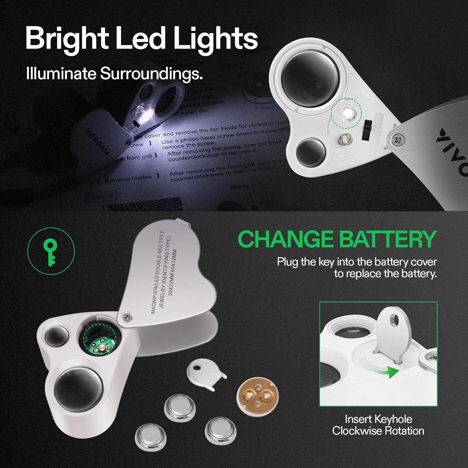 imageVIVOSUN 30X 60X Illuminated Jewelers Loupe Foldable Magnifier with LED Light for Jewelry Gems Watches Coins Stamps Antiques WhiteWhite