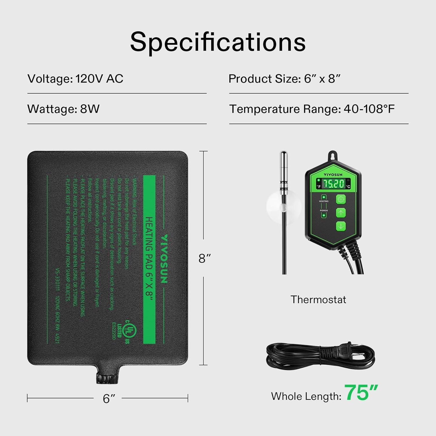 imageVIVOSUN Reptile Heating Pad 6x8 Inch with Thermostat Combo Under Tank Terrarium Heating Mat for Turtles Lizards Frogs and Other Reptiles6X8 Inch with Thermostat