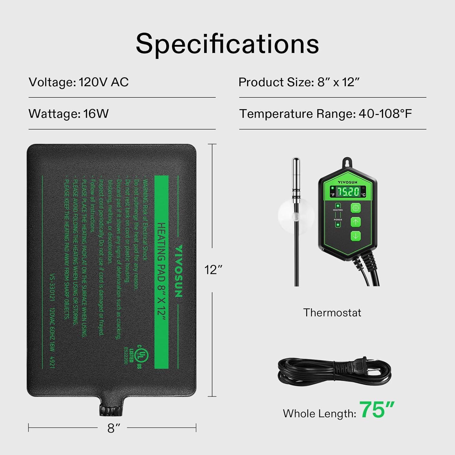 imageVIVOSUN Reptile Heating Pad 6x8 Inch with Thermostat Combo Under Tank Terrarium Heating Mat for Turtles Lizards Frogs and Other Reptiles8X12 Inch with Thermostat