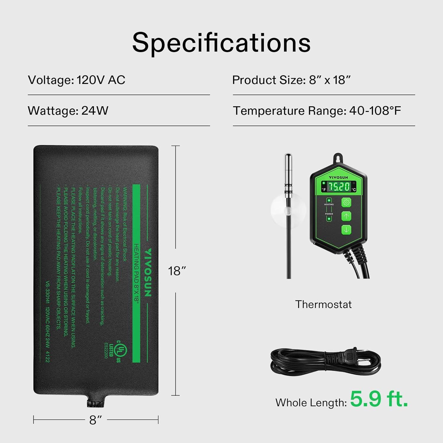 imageVIVOSUN Reptile Heating Pad 6x8 Inch with Thermostat Combo Under Tank Terrarium Heating Mat for Turtles Lizards Frogs and Other Reptiles8x18 Inch with Thermostat