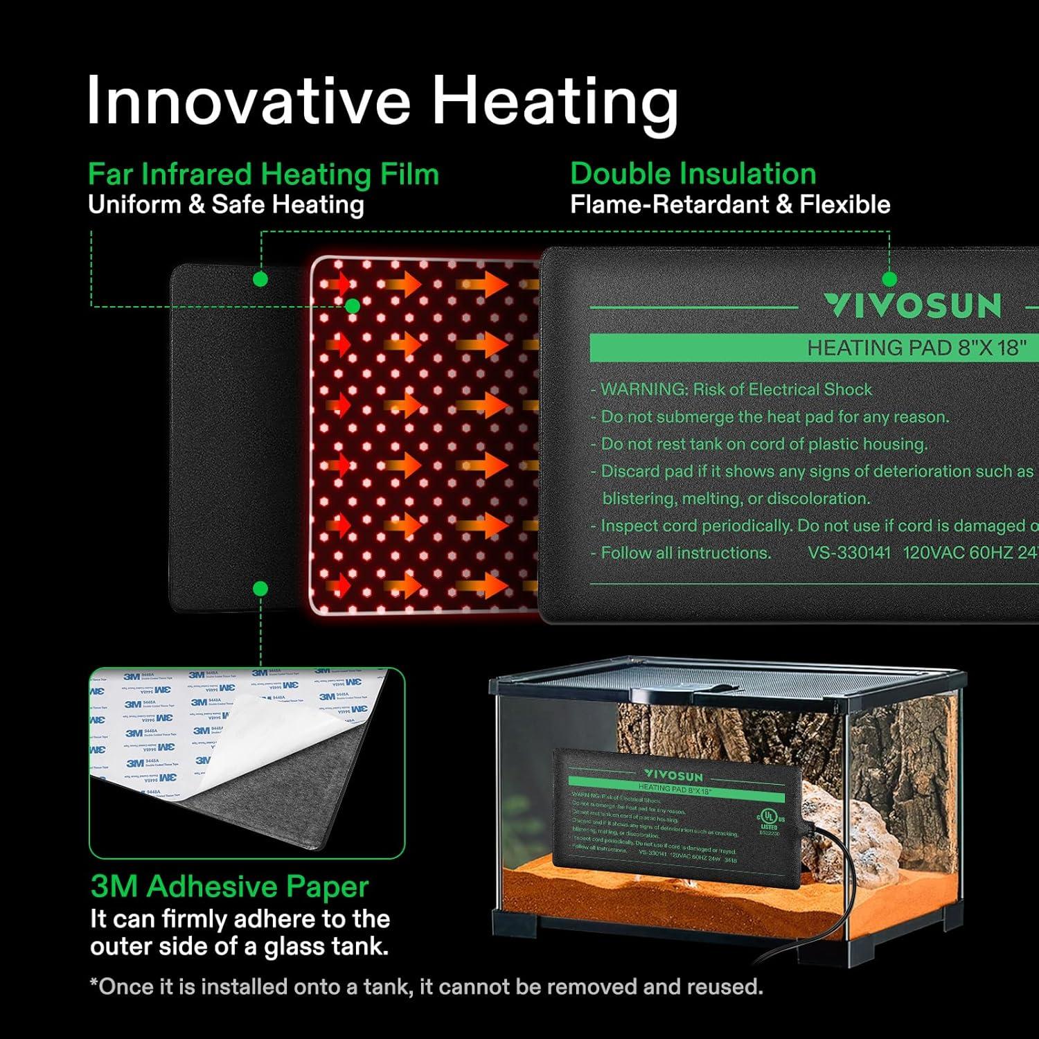 imageVIVOSUN Reptile Heating Pad 6x8 Inch with Thermostat Combo Under Tank Terrarium Heating Mat for Turtles Lizards Frogs and Other Reptiles8x18 Inch with Thermostat