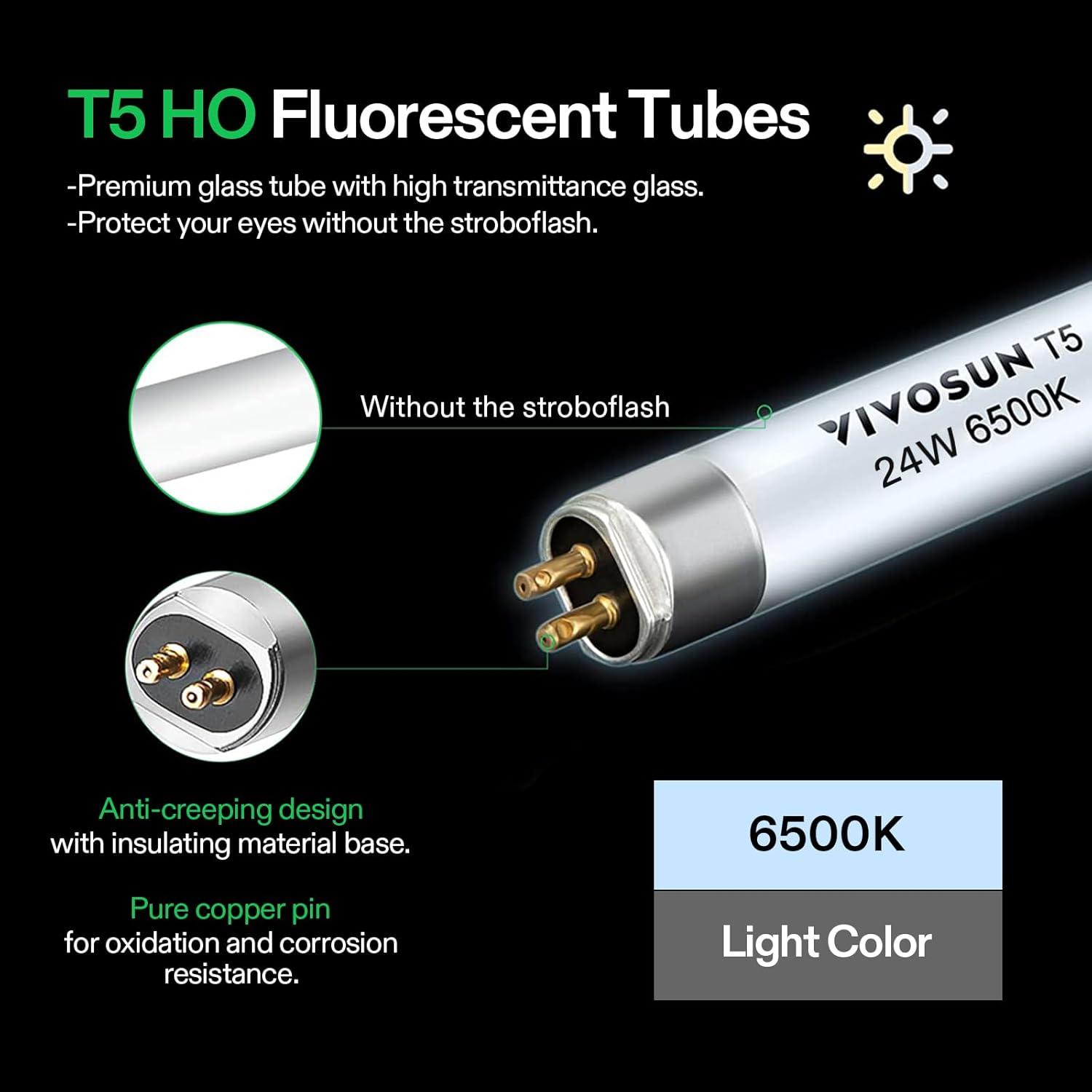 imageVIVOSUN T5 Grow Light Bulbs 2 Ft 22 Inches 24W 6500K HO Fluorescent Tubes Light Bulbs Cool White T5 Bulb for 22 Inches T5 Light Fixtures T5 Grow Lights for Indoor Plants 2 Ft 24W Pack of 54 Feet