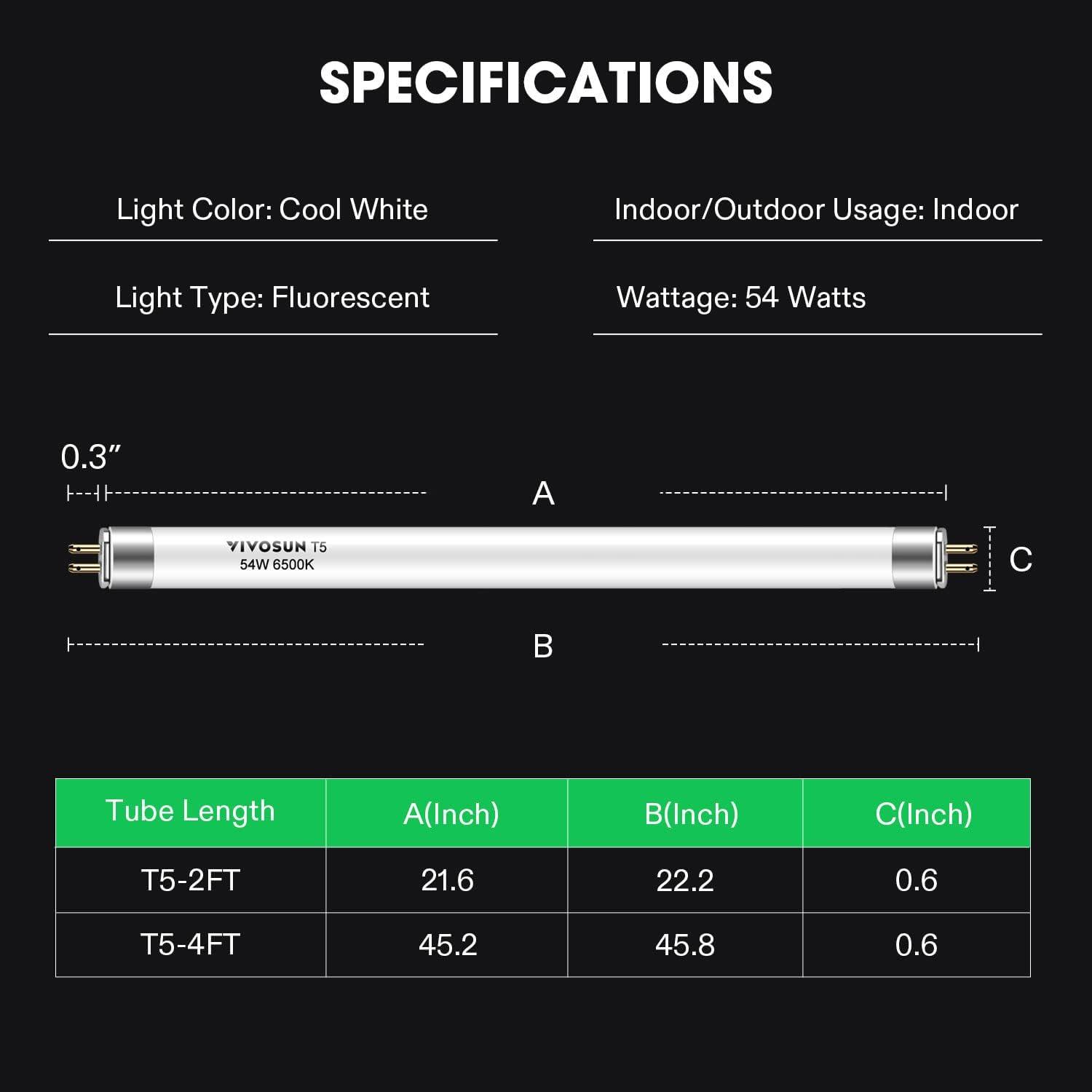 imageVIVOSUN T5 Grow Light Bulbs 2 Ft 22 Inches 24W 6500K HO Fluorescent Tubes Light Bulbs Cool White T5 Bulb for 22 Inches T5 Light Fixtures T5 Grow Lights for Indoor Plants 2 Ft 24W Pack of 54 Feet