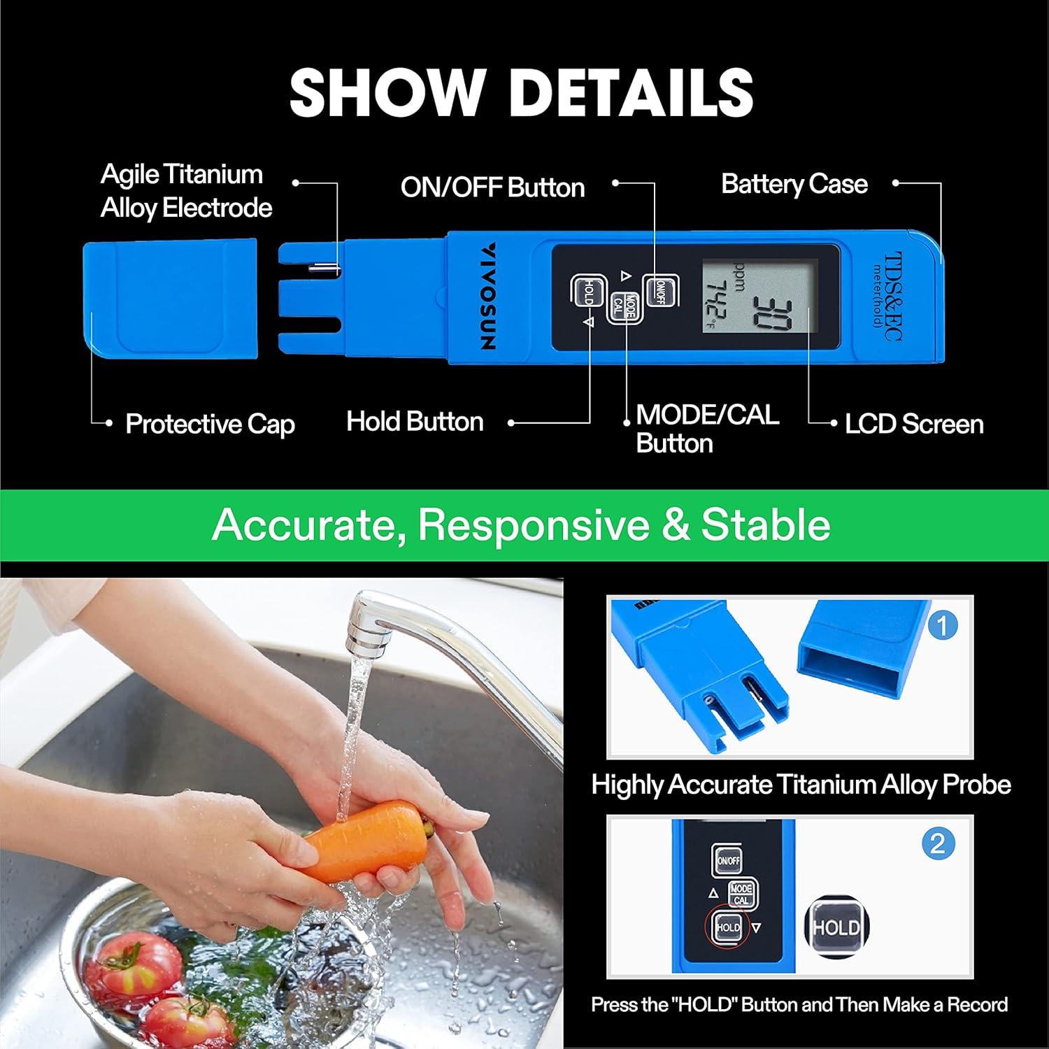 imageVIVOSUN TDS Tester 3in1 TDS EC ampamp Temperature Meter Ultrahigh Accuracy Digital Water Quality TDS Tester BlueBlue